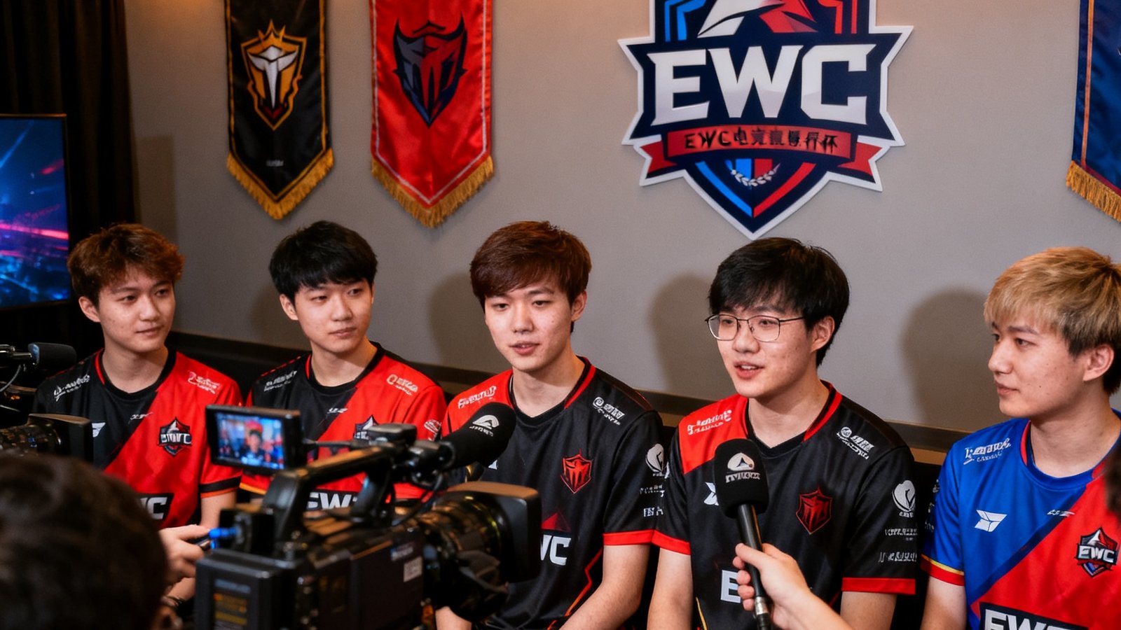 EWC电竞世界杯赛后独家采访区域，职业电竞选手身着队服面对摄像机镜头分享比赛心得与战术细节，背景墙上悬挂着战队队旗和EWC官方赛事Logo